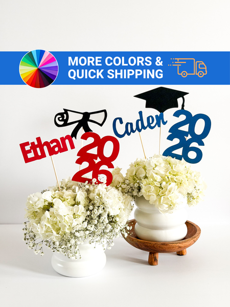 Class of 2026 personalized graduation centerpiece stick with year, name personalization, choice of font style and year or cap icon in over 30 color options.