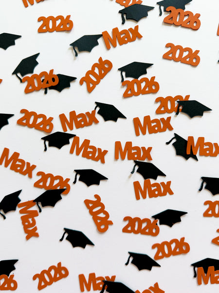 Burnt Orange personalized 2026 graduation confetti with custom name Max and black graduation caps