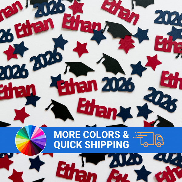 Personalized 2026 graduation confetti with red name, navy year pieces, coordinating stars and black caps