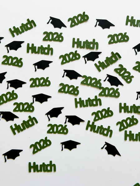 Olive green personalized 2026 graduation confetti with custom name Hutch and black graduation cap pieces