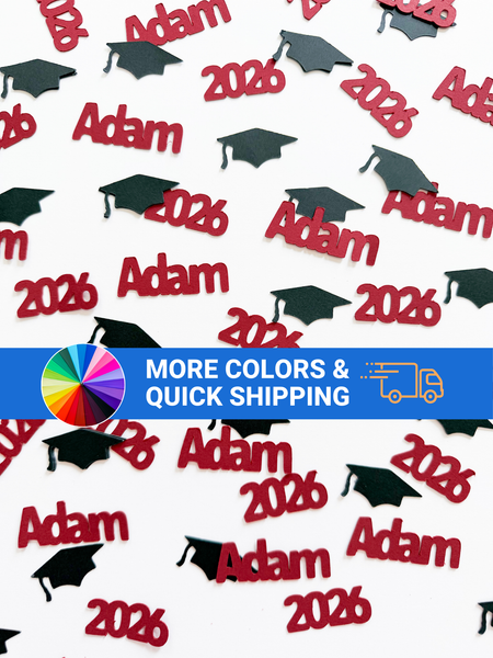 Class of 2026 personalized graduation confetti in maroon with custom name Adam, matching year pieces and black caps