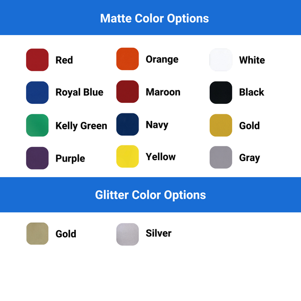 Matte and glitter color options chart for Class of 2026 personalized graduation confetti